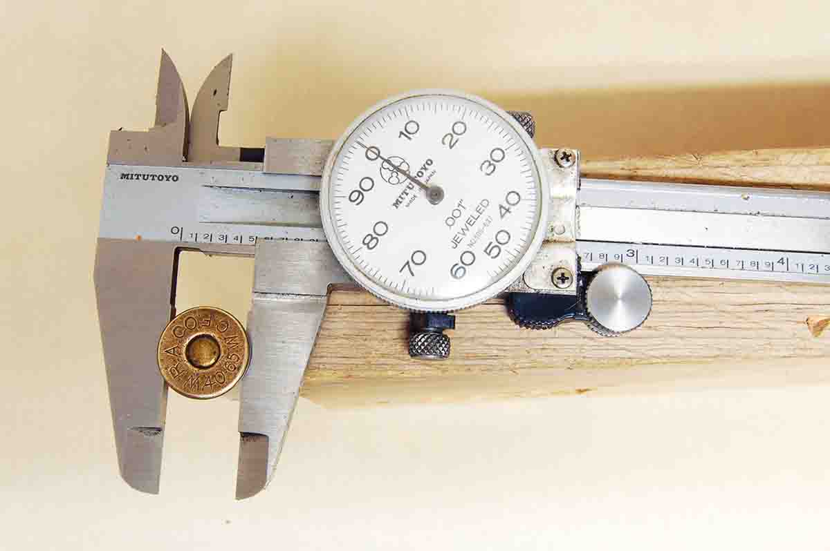 A caliper shows that the base of the .40-65 is the same .500-inch diameter as the common .45-70.